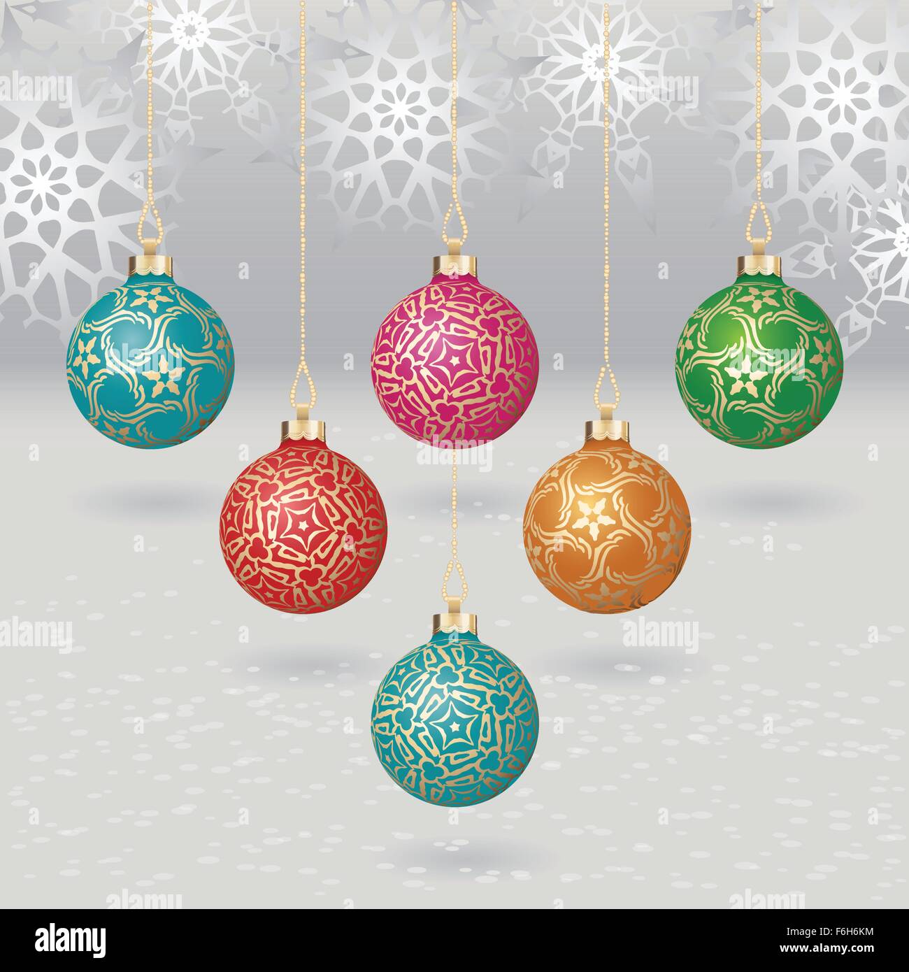 Vector christmas balls with gold design on light background with flakes ...