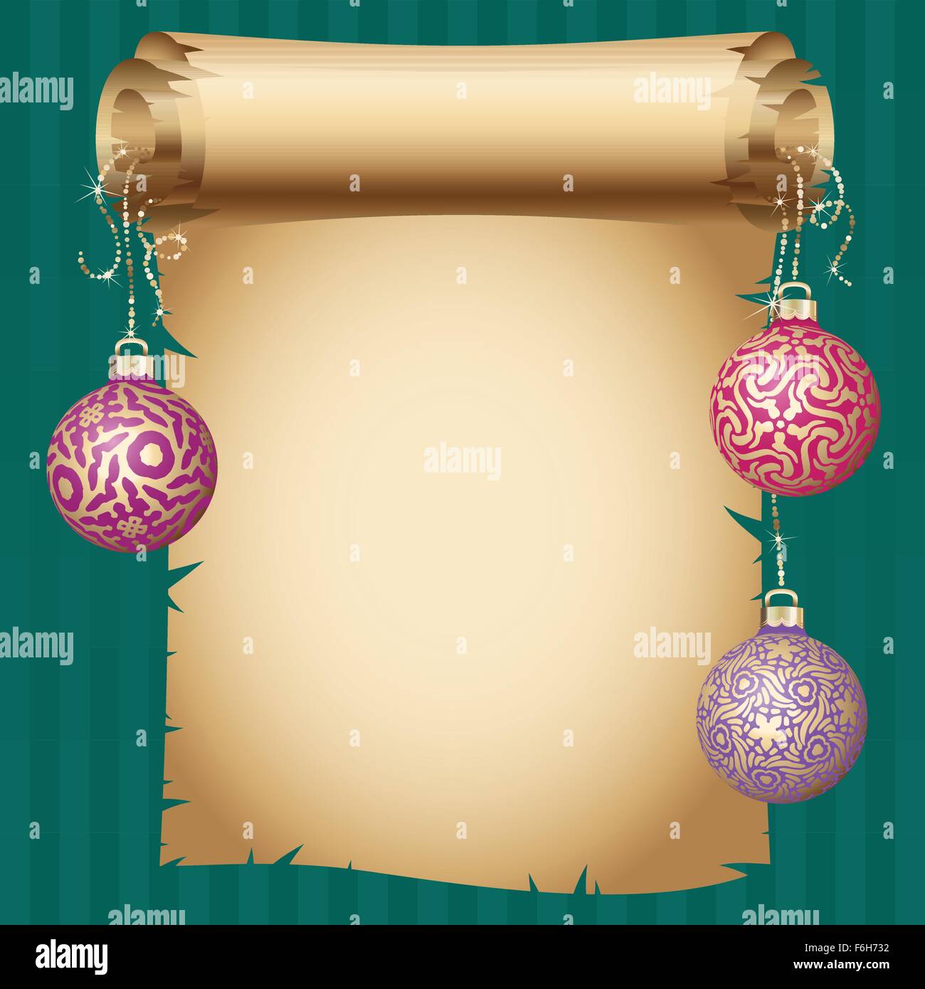 Medieval scroll paper and different vintage gold design Christmas balls ...