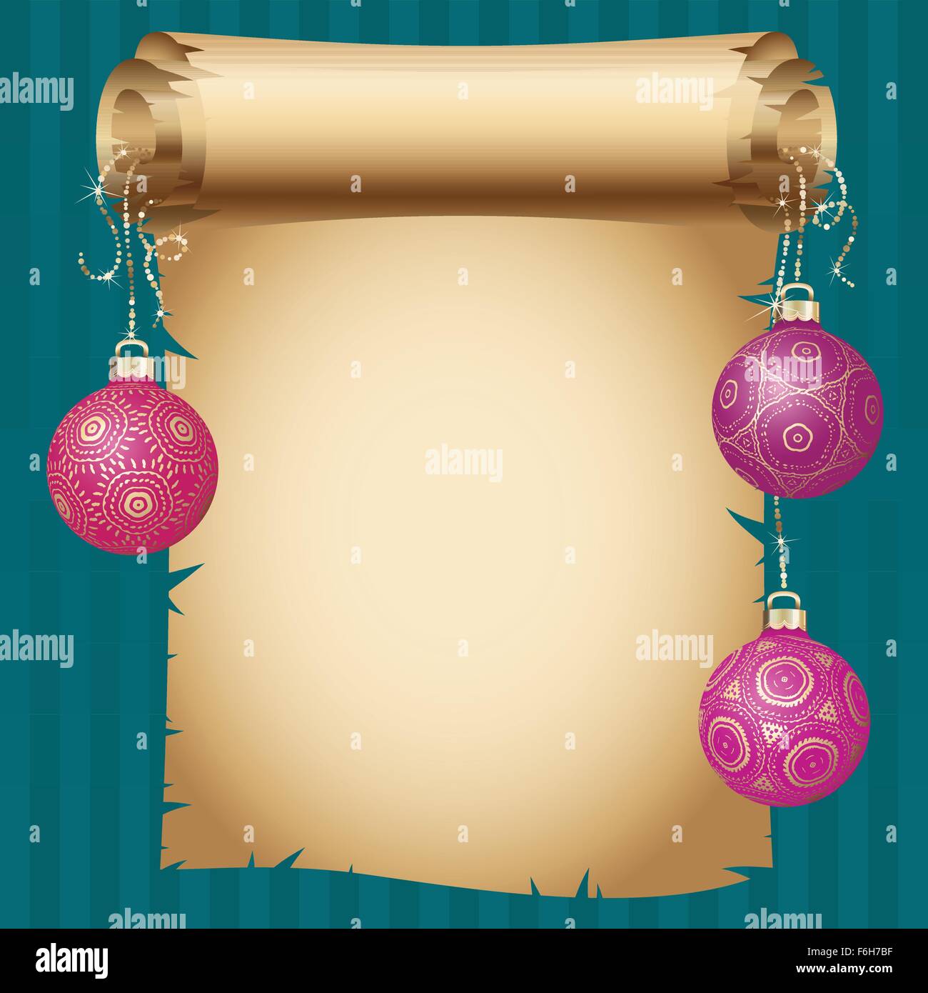 Medieval scroll paper and different vintage gold design Christmas balls