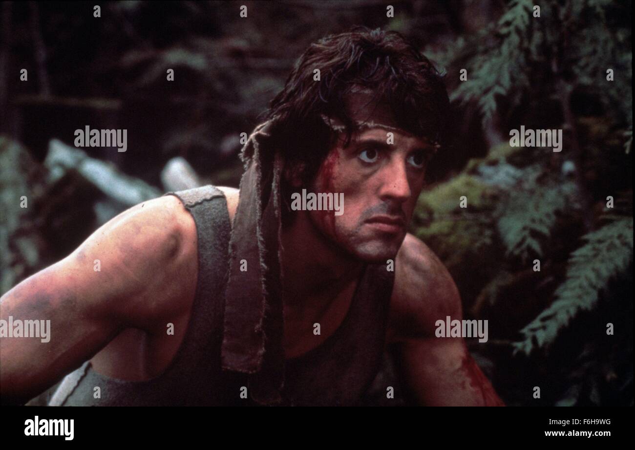 RELEASE DATE: October 22, 1982  MOVIE TITLE: First Blood  DIRECTOR: Ted Kotcheff  STUDIO: Elcajo Productions  PLOT: John J. Rambo is a former United States Special Forces soldier who fought in Vietnam and won the Congressional Medal of Honor, but his time in Vietnam still haunts him. As he came to Hope, Washington to visit a friend, he was guided out of town by the Sheriff William Teasel who insults Rambo, but what Teasel does not know that his insult angered Rambo to the point where Rambo became violent and was arrested, as he was at the county jail being cleaned, he escapes and goes on a ram Stock Photo