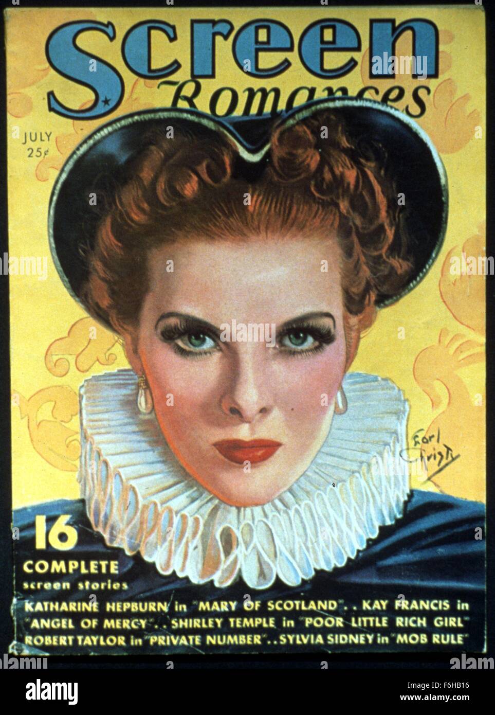 1936, Film Title: SCREEN ROMANCES, Pictured: KATHARINE HEPBURN, MAGAZINE COVER, MARY OF SCOTLAND, MARY QUEEN OF SCOTS, COVER ART, PORTRAIT, ILLUSTRATION, REGAL. (Credit Image: SNAP) Stock Photo
