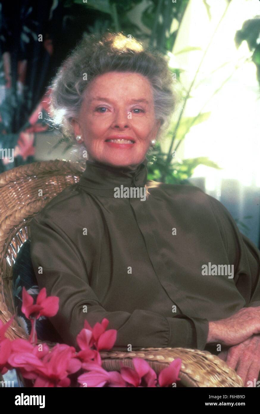 1986, Film Title: MRS. DELAFIELD WANTS TO MARRY, Director: GEORGE SCHAEFER, Pictured: KATHARINE HEPBURN, FRAMED (FLOWERS), FRAMED (PLANTS), WINDOW, AVAILABLE LIGHT, STUDIO LIGHT, CHAIR, SITTING, SEATED. (Credit Image: SNAP) Stock Photo