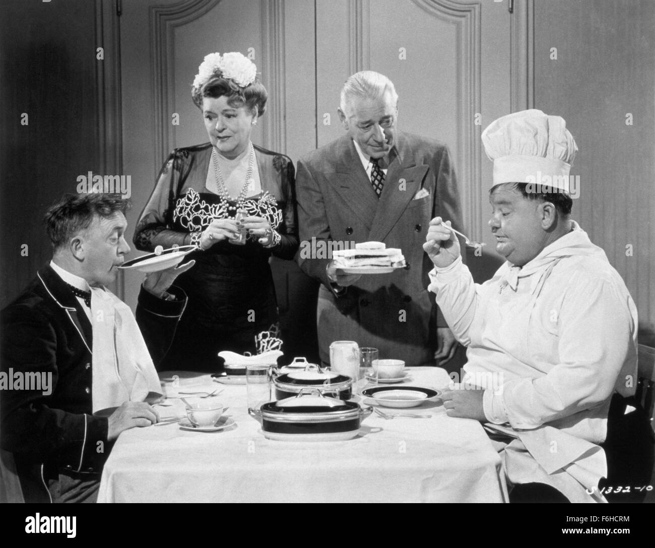 1944, Film Title: NOTHING BUT TROUBLE, Director: SAM TAYLOR, Studio: MGM, Pictured: MARY BOLAND, OLIVER HARDY, LAUREL & HARDY, STAN LAUREL, HENRY O'NEILL. (Credit Image: SNAP) Stock Photo