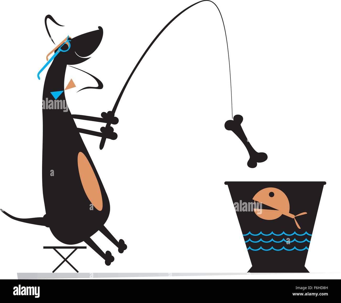 Comic dog fishes in a bucket Stock Vector