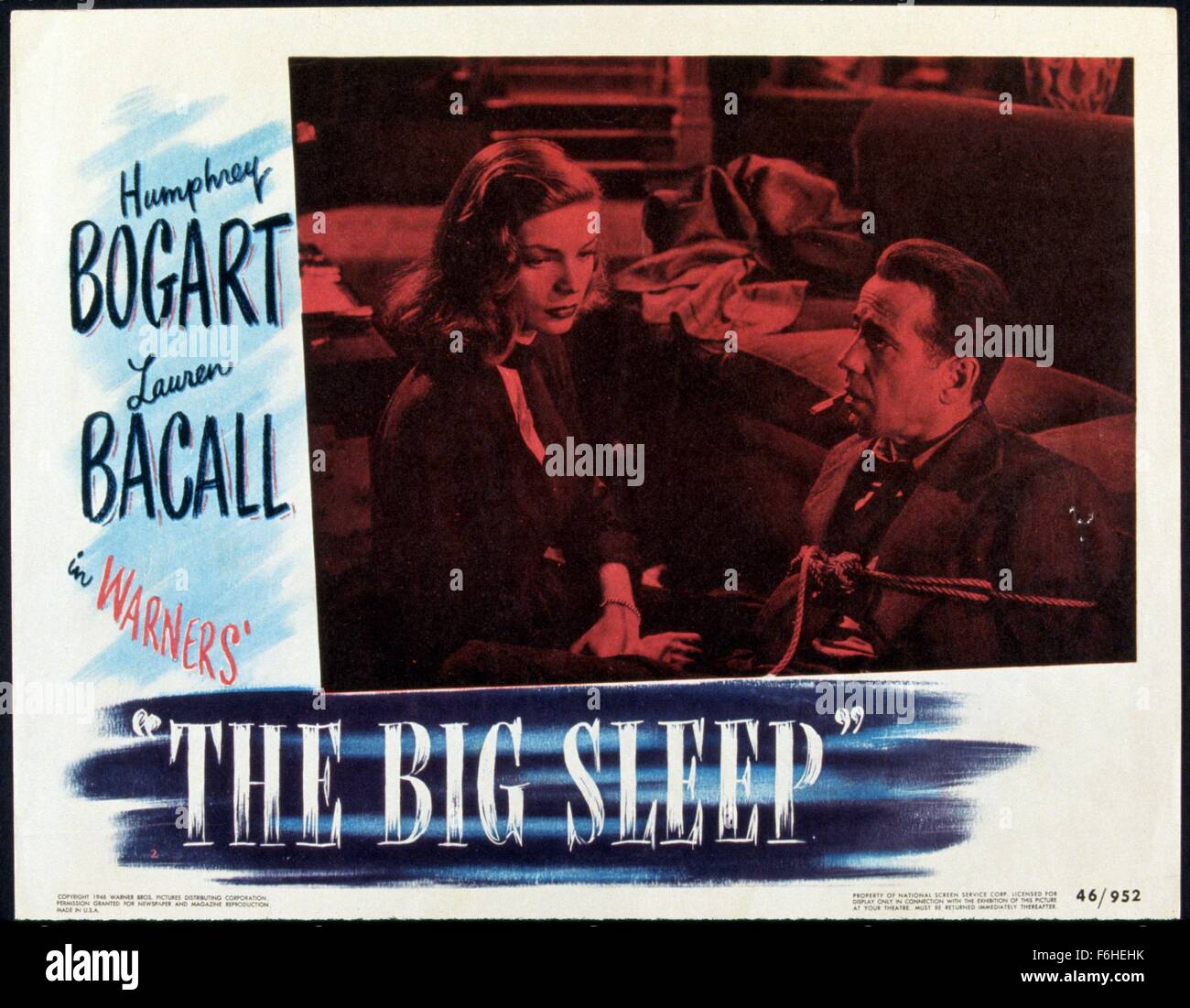1946, Film Title: BIG SLEEP, Director: HOWARD HAWKS, Studio: WARNER, Pictured: LAUREN BACALL, HUMPHREY BOGART, MELANCHOLY, DARK, SMOKING, SMOKERS, CIGARETTE, KNEELING, CONSOLING. (Credit Image: SNAP) Stock Photo
