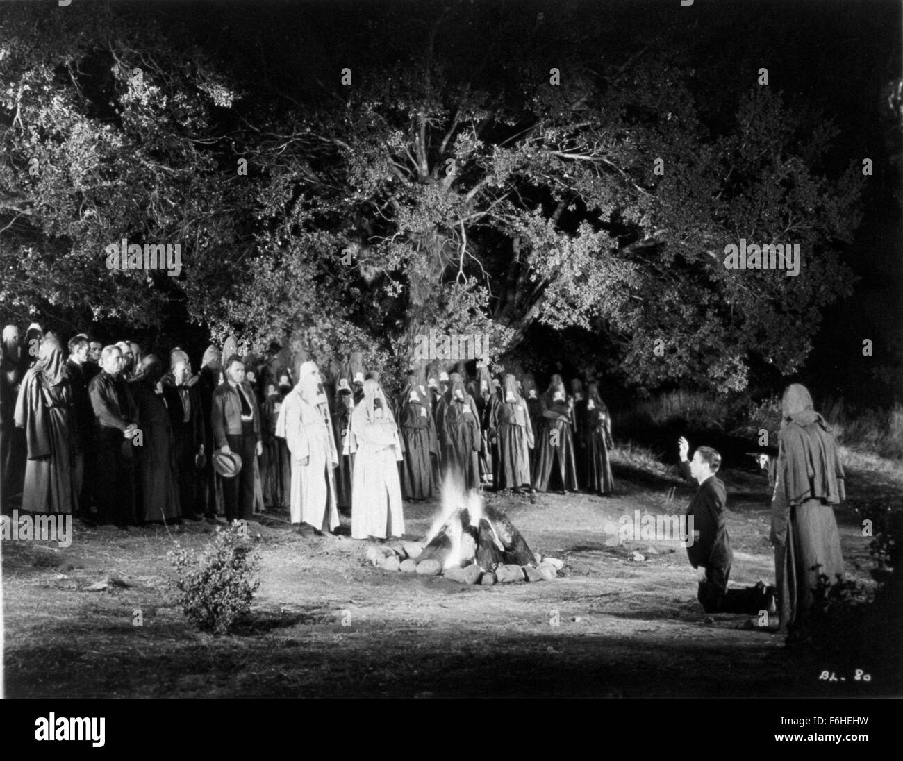 1937, Film Title: BLACK LEGION, Director: ARCHIE MAYO, Studio: WARNER, Pictured: HUMPHREY BOGART, ENSEMBLE, KKK, KLU KLUX KLAN, RACISM, ASSASSINATION, BONFIRE, ROBES, ROBE, DISGUISE, SHOOTING, GUN CRAZY, ANONYMITY. (Credit Image: SNAP) Stock Photo