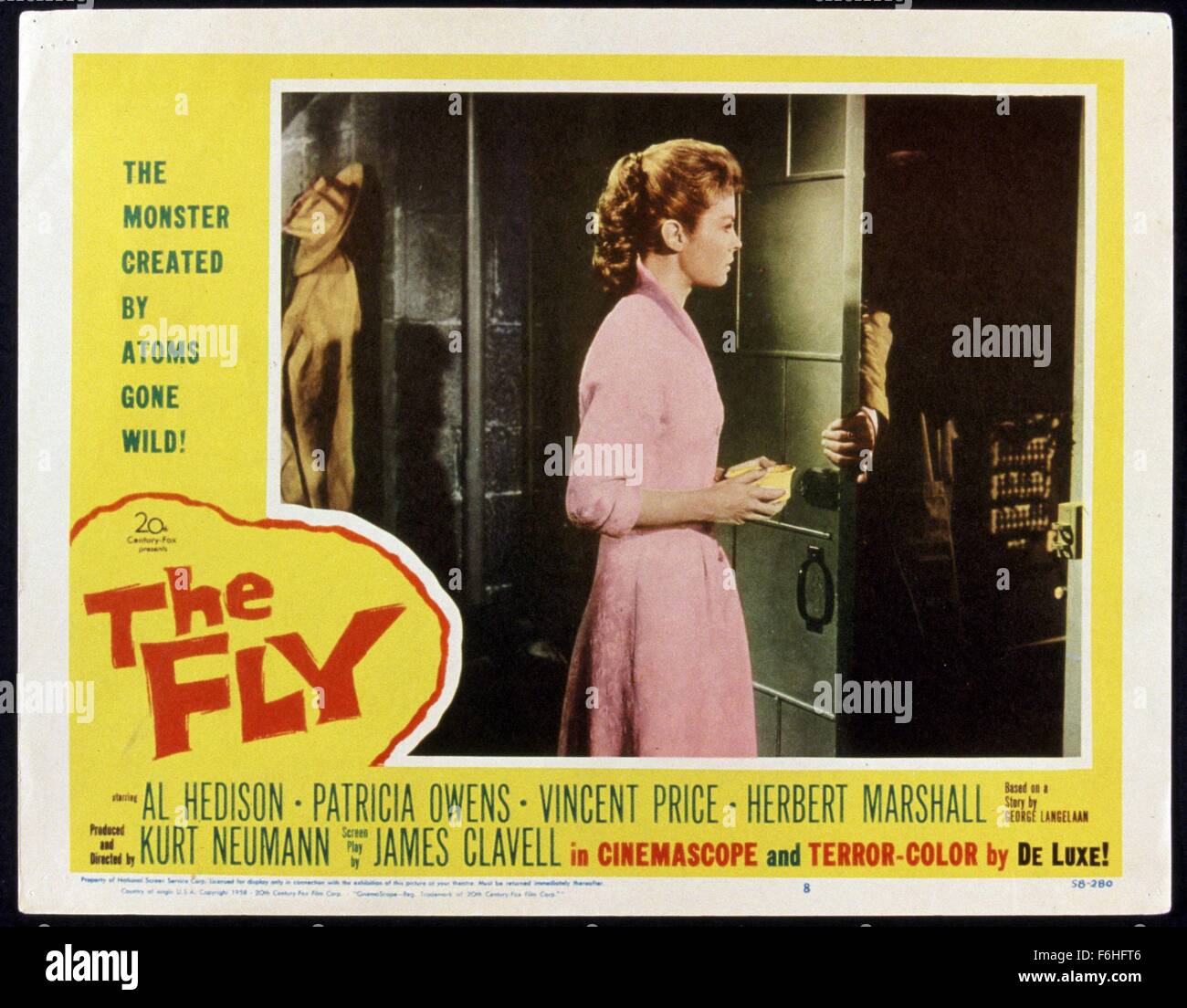 1958, Film Title: FLY, Director: KURT NEUMANN, Studio: FOX, Pictured: AL HEDISON, PATRICIA OWENS, MONSTER, SCI-FI, HORROR, WOMEN IN DANGER, HIDING, CREEPING, STALKING, SHADOW, SUSPENSE, DARK, UNKNOWN. (Credit Image: SNAP) Stock Photo