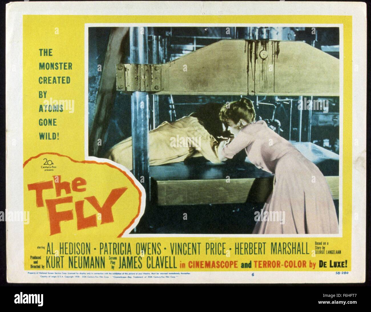 1958, Film Title: FLY, Director: KURT NEUMANN, Studio: FOX, Pictured: AL HEDISON, PATRICIA OWENS, ITS & ALIENS! THINGS, HORROR, SCI-FI, FLY, INSECT, MONSTER, SCIENCE, SCIENCE RUNS AMOK, INVESTIGATING, LOOKING, PEEKING, INQUISITIVE, BLOOD. (Credit Image: SNAP) Stock Photo