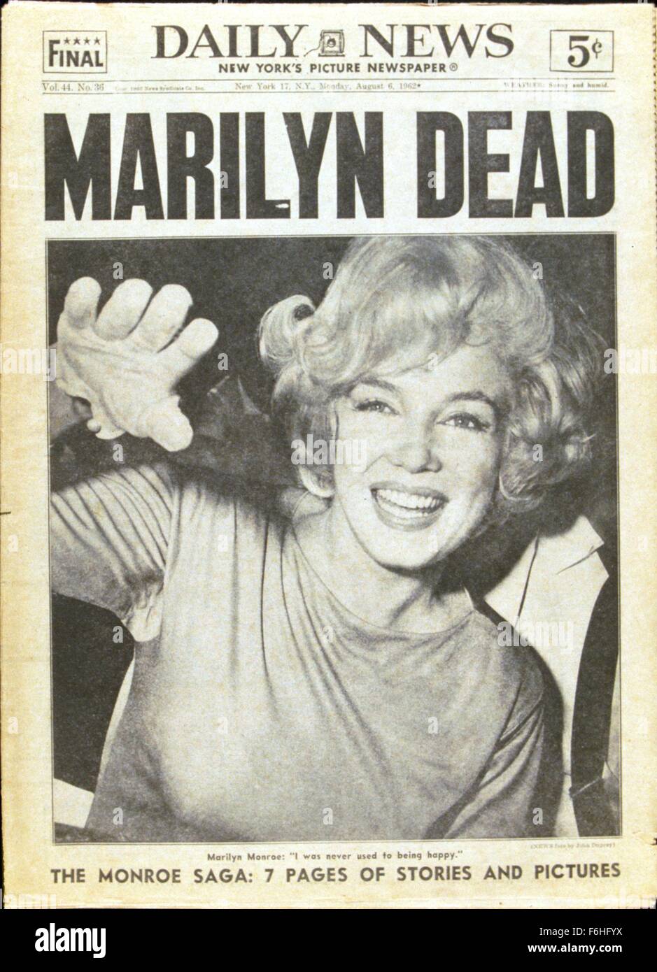 1962 Film Title Daily News New York Pictured Marilyn Monroe Dead Death Newspaper 