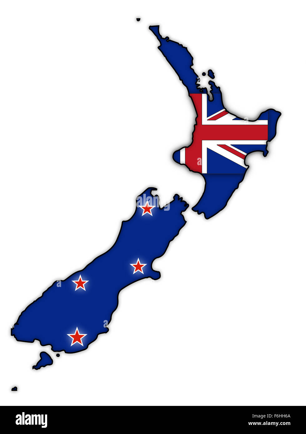 A New Zealand map with a flag design inside isolated on a white background Stock Photo