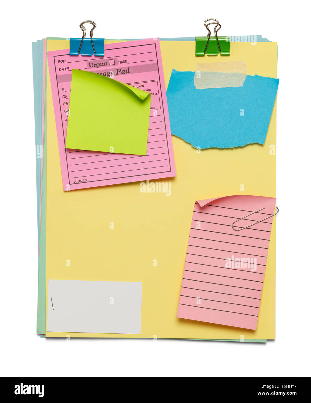 Stack of Papers with Notes and Copy Space Isolated on a White Background. Stock Photo