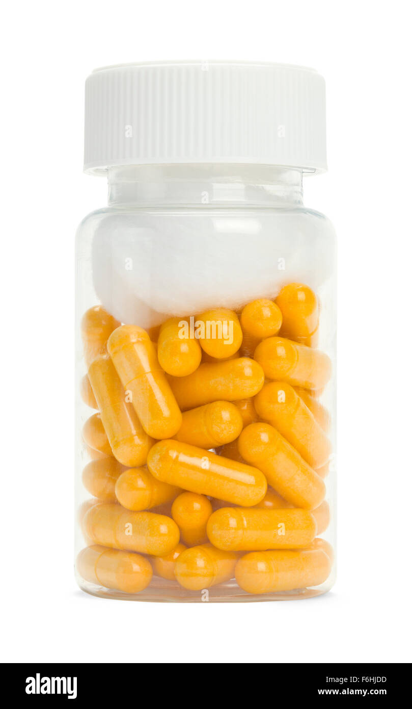 Bottle of Orange Pills Isolated on a White Background. Stock Photo