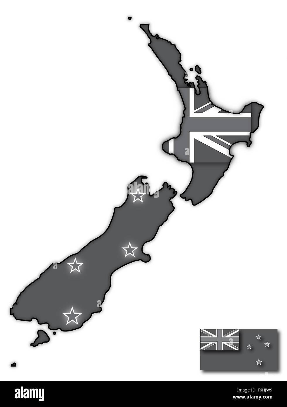 A grey New Zealand map with a flag design inside isolated on a white background Stock Photo