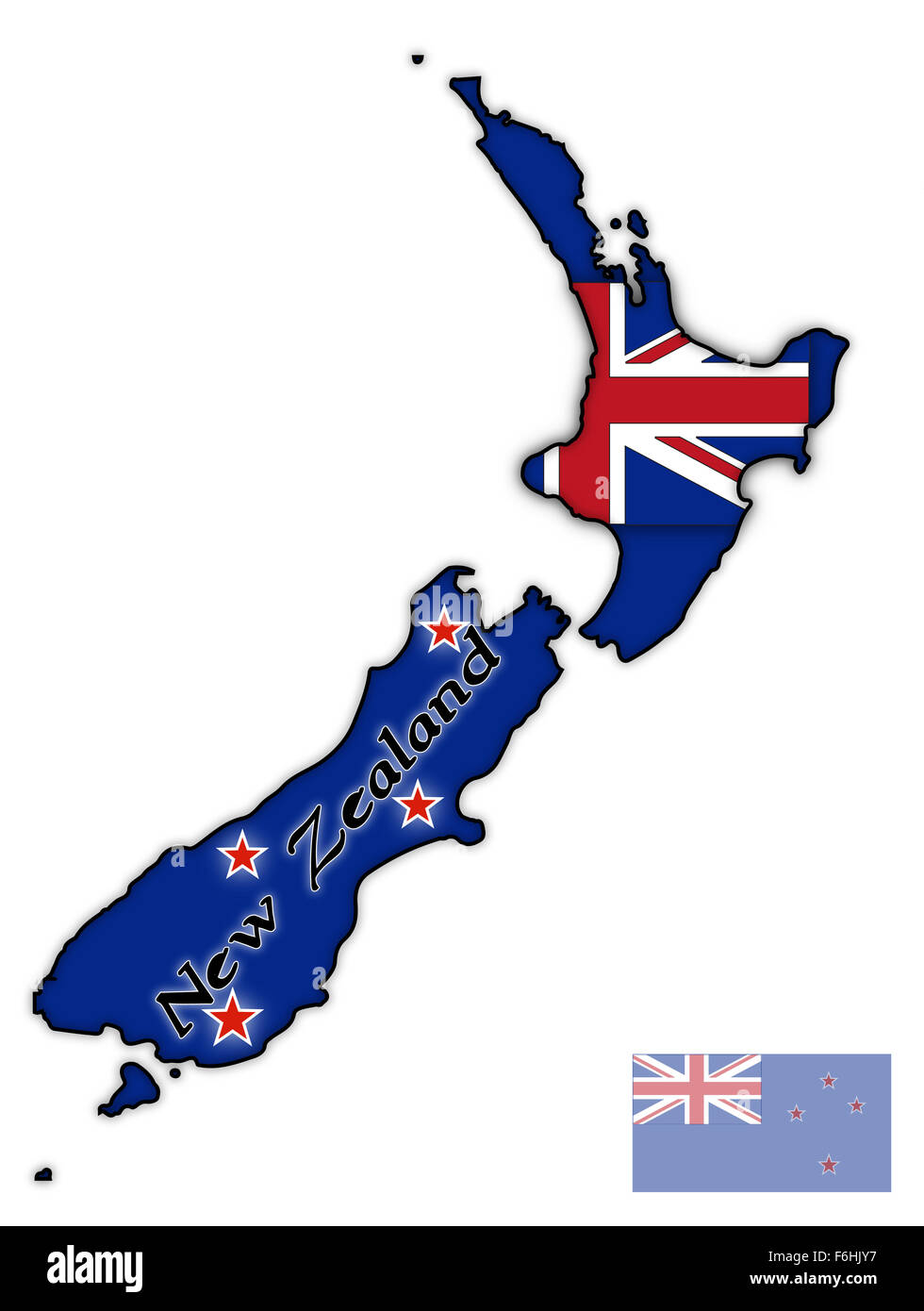 A New Zealand map with a flag design inside isolated on a white background Stock Photo