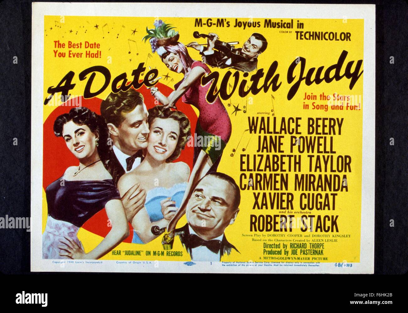 1948, Film Title: DATE WITH JUDY, Director: RICHARD THORPE, Studio: MGM, Pictured: ENSEMBLE, CARMEN MIRANDA, JANE POWELL, ROBERT STACK, ELIZABETH TAYLOR, RICHARD THORPE, POSTER ART. (Credit Image: SNAP) Stock Photo