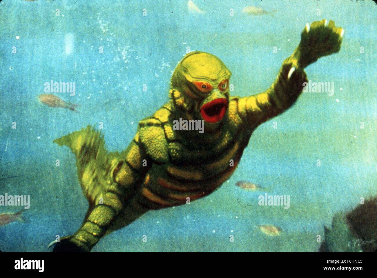 1955, Film Title: REVENGE OF THE CREATURE, Director: JACK ARNOLD, Studio: UNIV, Pictured: ITS & ALIENS! THINGS, UNDERWATER, MONSTER, SEA MONSTER, ATTACKING, GREEN, RIDGE, SCI-FI, HORROR, SWIMMING, FISH. (Credit Image: SNAP) Stock Photo