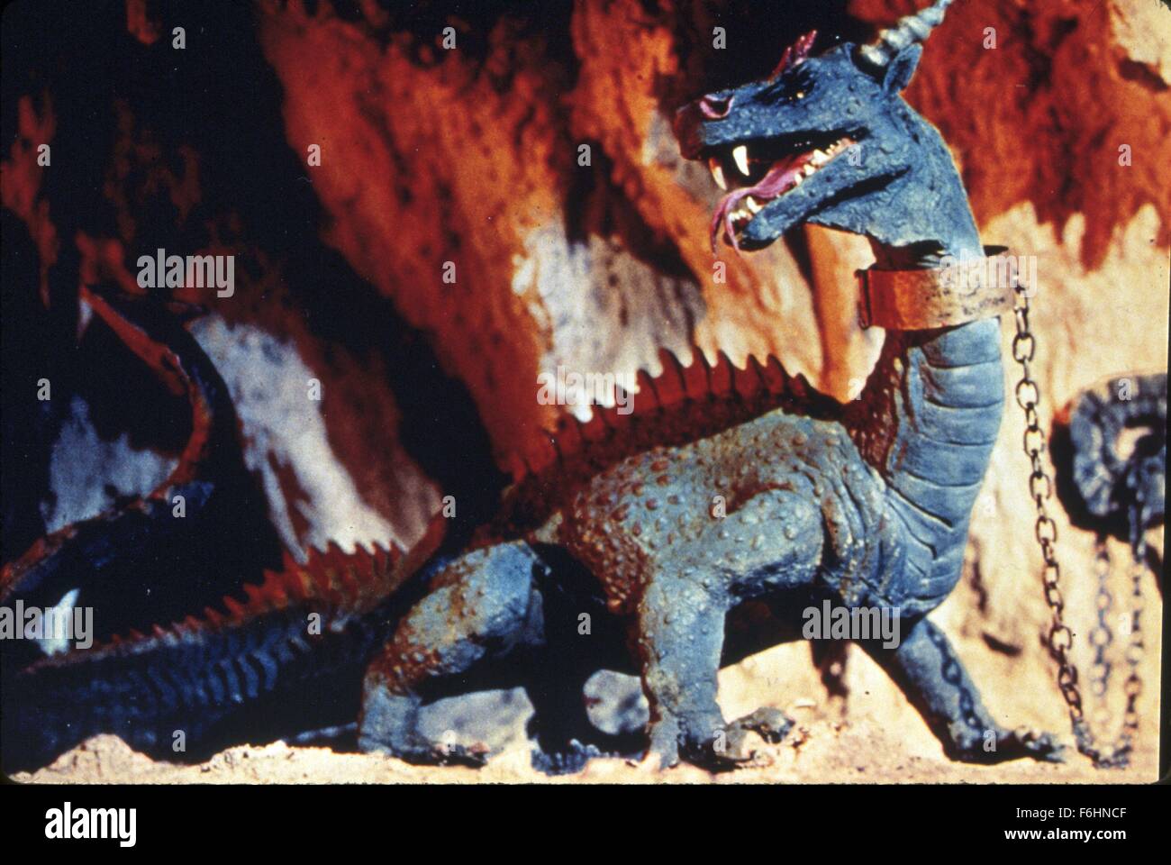 1958, Film Title: 7TH VOYAGE OF SINBAD, Studio: COLUMBIA, Pictured: ITS & ALIENS! THINGS, DRAGON, MONSTER, SHACKLES, CHAINS, RESTRAINED, ROARING. (Credit Image: SNAP) Stock Photo
