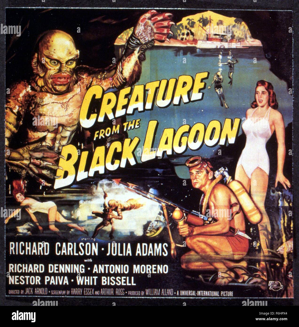 1954, Film Title: CREATURE FROM THE BLACK LAGOON, Director: JACK ARNOLD, Studio: UNIVERSAL, Pictured: MONSTER, SWIMSUIT, 1954, JACK ARNOLD, ITS & ALIENS! THINGS, POSTER ART. (Credit Image: SNAP) Stock Photo