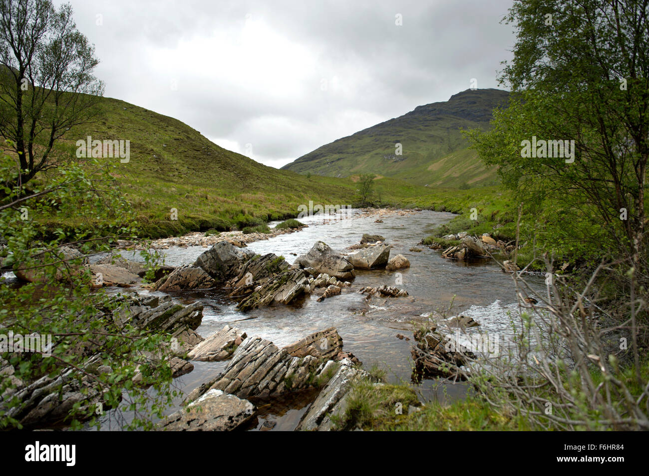 The rocky upper reaches of the Water of Nevis in Glen Nevis Stock Photo
