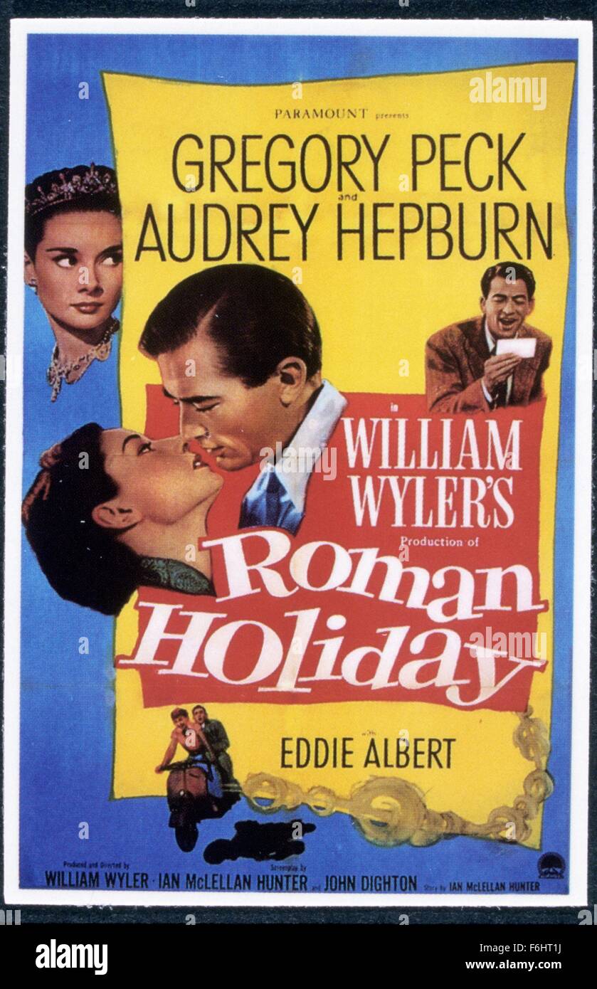 1953, Film Title: ROMAN HOLIDAY, Director: WILLIAM WYLER, Studio: PARAMOUNT, Pictured: AUDREY HEPBURN, GREGORY PECK, POSTER ART, ROMANCE, KISSING. (Credit Image: SNAP) Stock Photo
