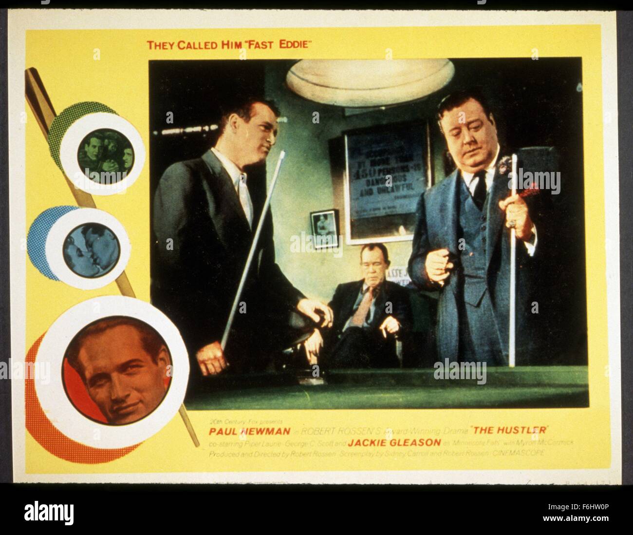 1961, Film Title: HUSTLER, Director: ROBERT ROSSEN, Studio: FOX, Pictured: JACKIE GLEASON, PAUL NEWMAN, PLAYING POOL, FAST EDDIE, POSTER, POSTER ART, PROMOTION. (Credit Image: SNAP) Stock Photo