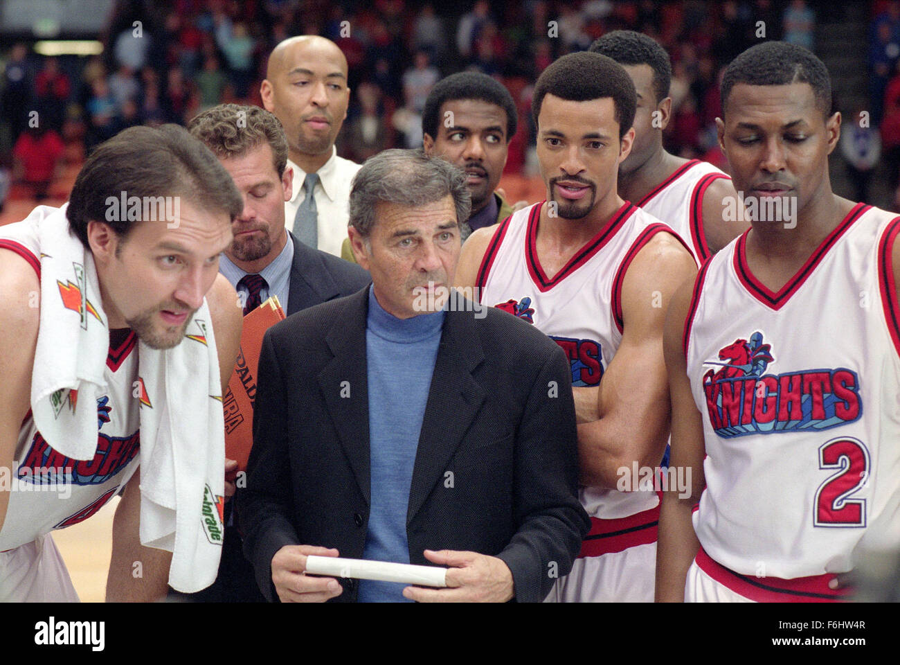 Jul 03, 2002; Hollywood, CA, USA; Coach Wagner (ROBERT FORSTER) lays out the game plan to Los Angeles Knights players, from left, Joad (ROGER MORRISEY), Henderson (TIMONE KYLE) and Segretti (JOSEF CANON) in the movie 'Like Mike.'.  (Credit Image: Auto Images) Stock Photo