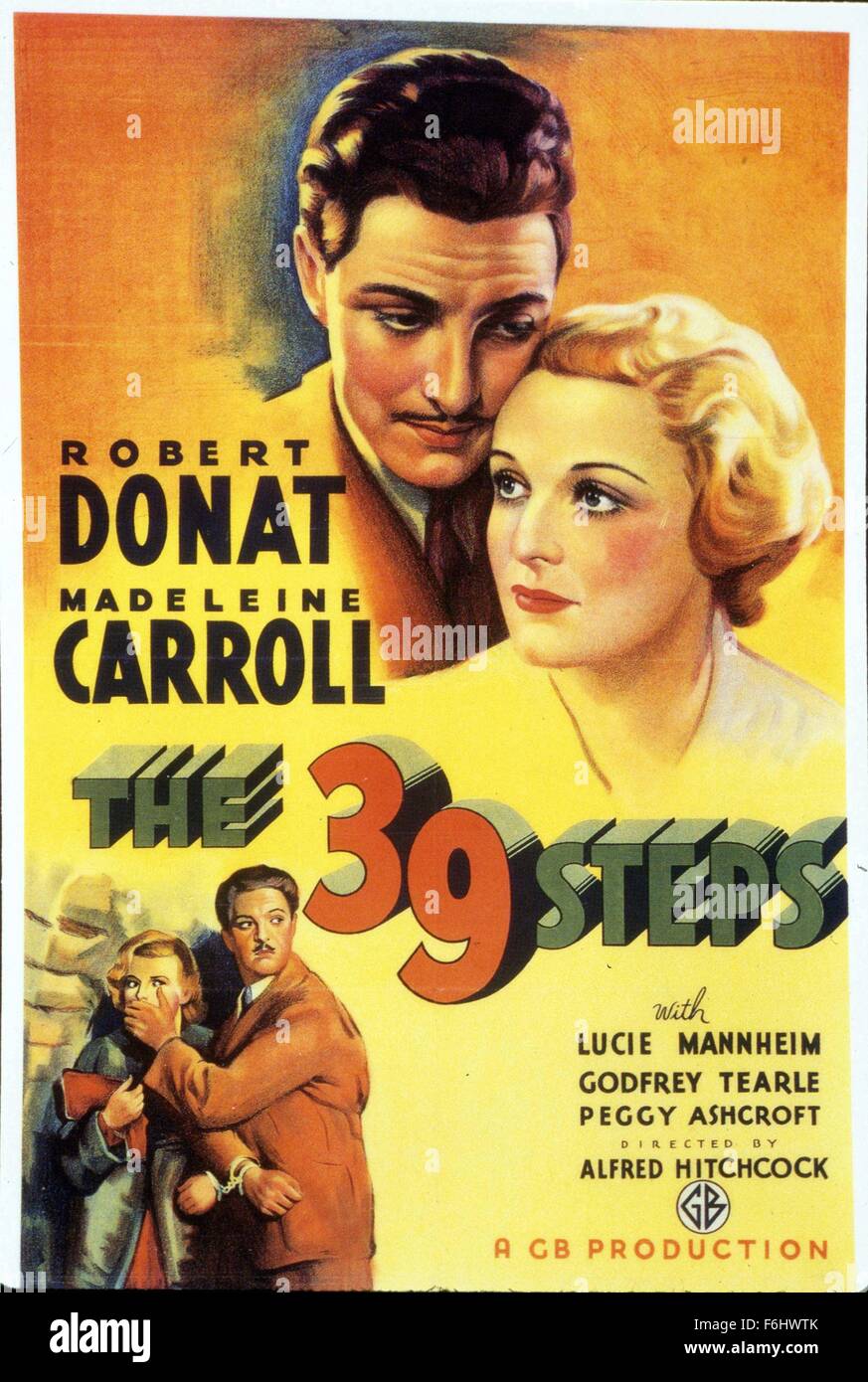 1935, Film Title: 39 STEPS, Director: ALFRED HITCHCOCK, Studio: GAUMONT UK, Pictured: MADELEINE CARROLL, ROBERT DONAT. (Credit Image: SNAP) Stock Photo