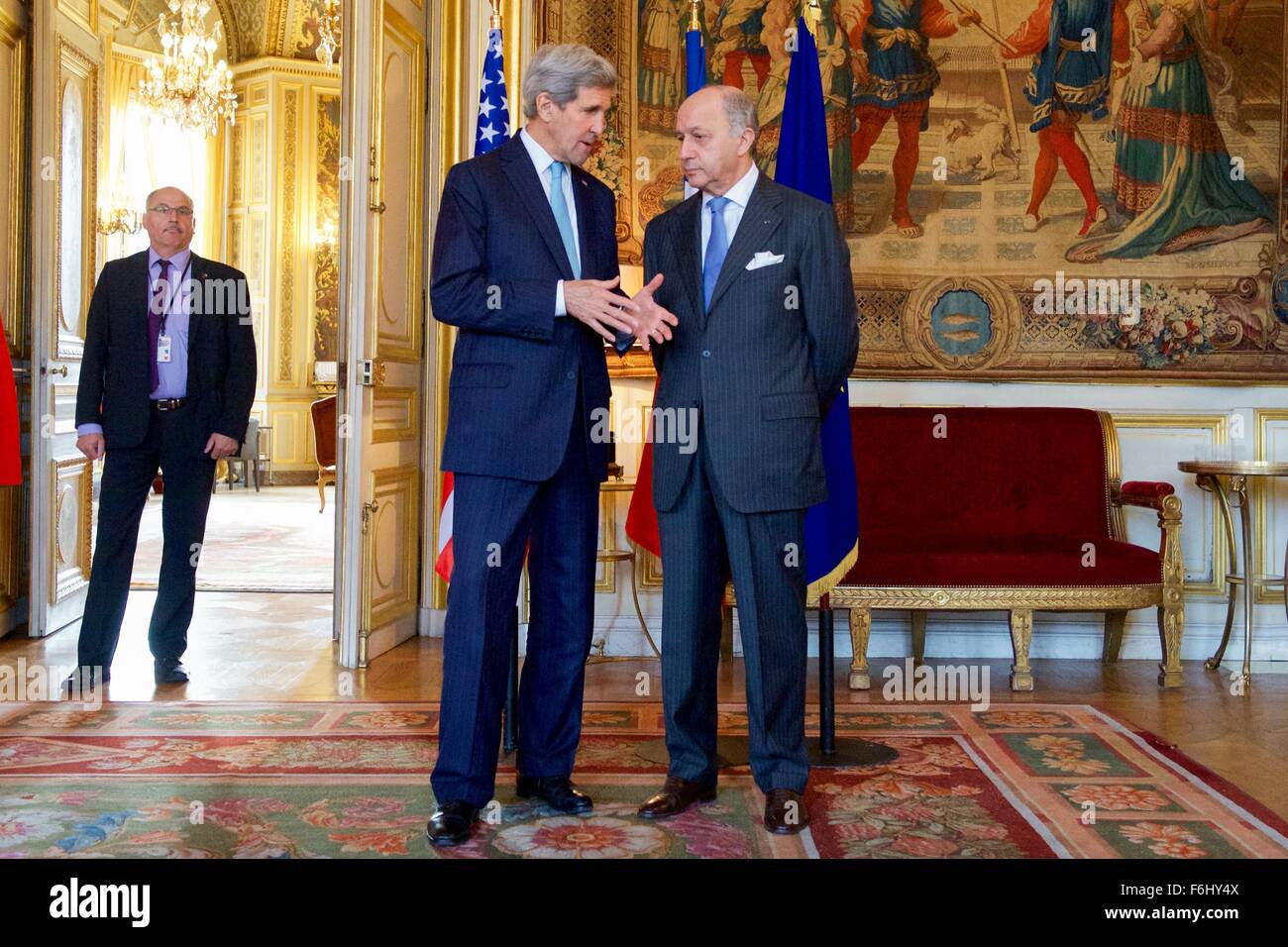 Paris, France. 17th Nov, 2015. U.S Secretary of State John Kerry speaks with French Foreign Minister Laurent Fabius prior to their bilateral meeting at the Elysee Palace November 17, 2015 in Paris, France. Kerry is in Paris to express American solidarity with the French people following the attacks by Islamic terrorists. Stock Photo