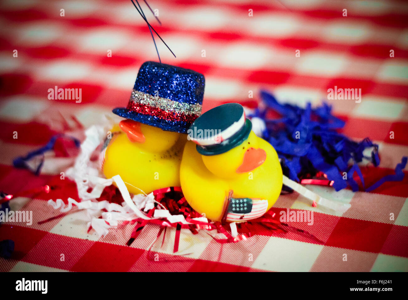 Patriotic Rubber Duckies on picnic blanket Stock Photo