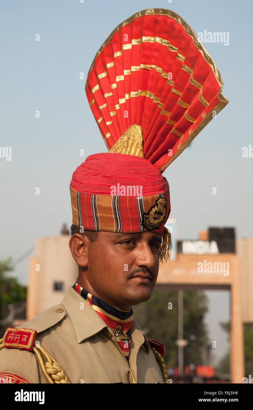 Member of India's Border Security Force in dress uniform attending closing ceremony of India Pakistan border at Wagah Stock Photo