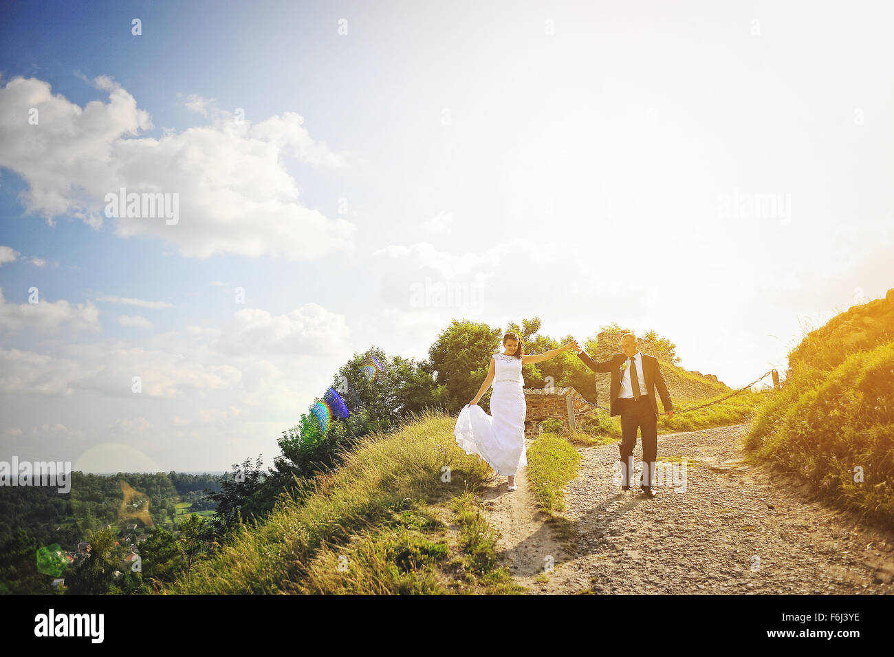 Newlyweds holding hands at the sunset Stock Photo - Alamy