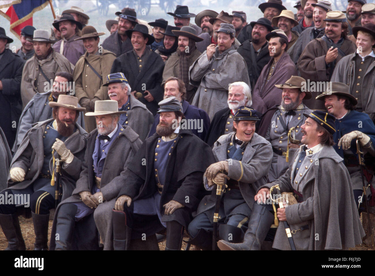 Feb 10, 2003; Hollywood, CA, USA; (left to right, front row) BRUCE BOXLEITNER as Lt. Gen. James Longstreet, ROBERT DUVALL as General Robert E. Lee, STEPHEN LANG as Lt. Gen. Thomas Jackson, JEREMY LONDON as Capt. Alexander Pendleton, BO BRINKMAN as Major Walter Taylor, (second row, right to left) SCOTT COOPER as Lt. Joseph Morrison, ROYCE APPLEGATE as Brig. Gen. James Kemper, JOHN CASTLE as Old Penn, PATRICK GORMAN as Maj. Gen. John Bell Hood, and TED TURNER as Col. Tazewell Patton in the action, war, drama ''Gods and Generals'' directed by Ronald F. Maxwell. Stock Photo