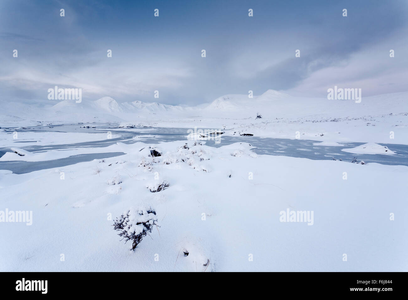 A snow-covered landscape of Rannoch Moor, Scottish Highlands Stock Photo