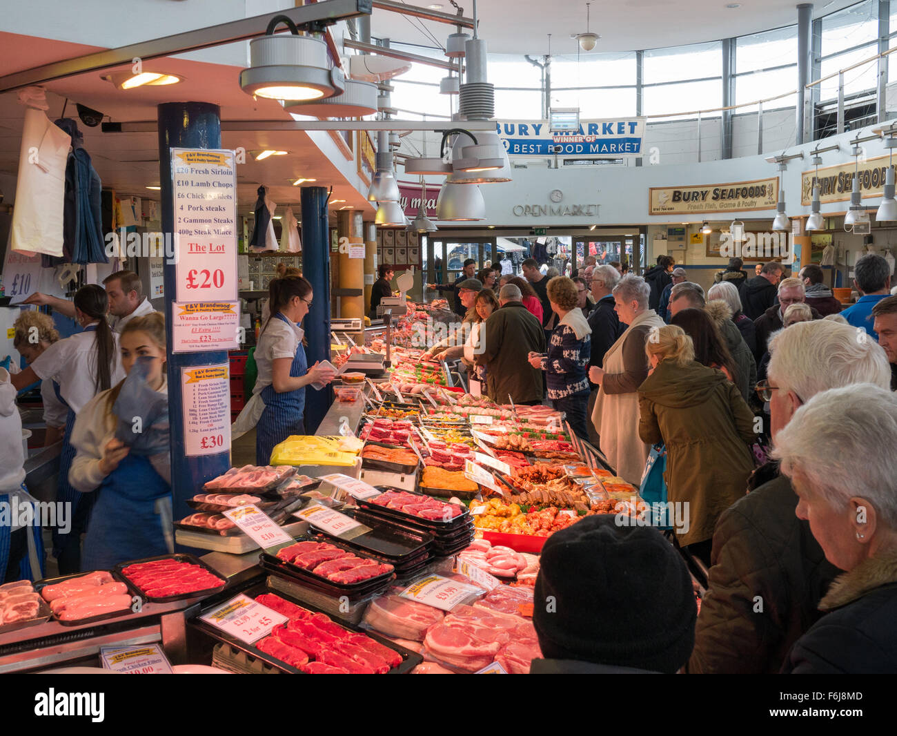 Meat and fish stalls at Bury Market, Lancashire Stock Photo