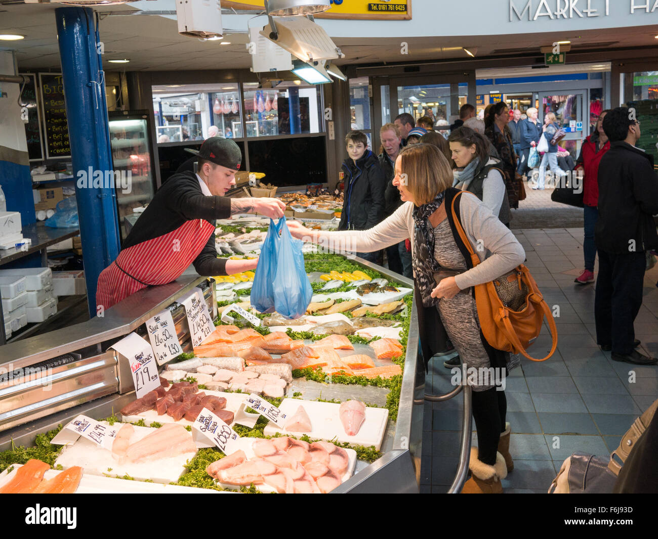 Meat and fish stalls at Bury Market, Lancashire Stock Photo Alamy