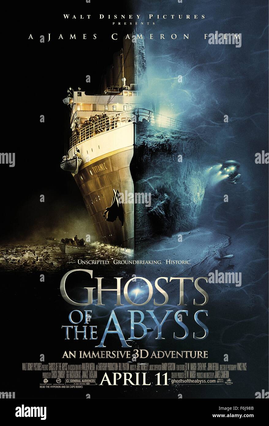 Mar 31, 2003; Hollywood, CA, USA; Poster for the family documentary ''Ghosts of the Abyss'' directed by James Cameron. Stock Photo