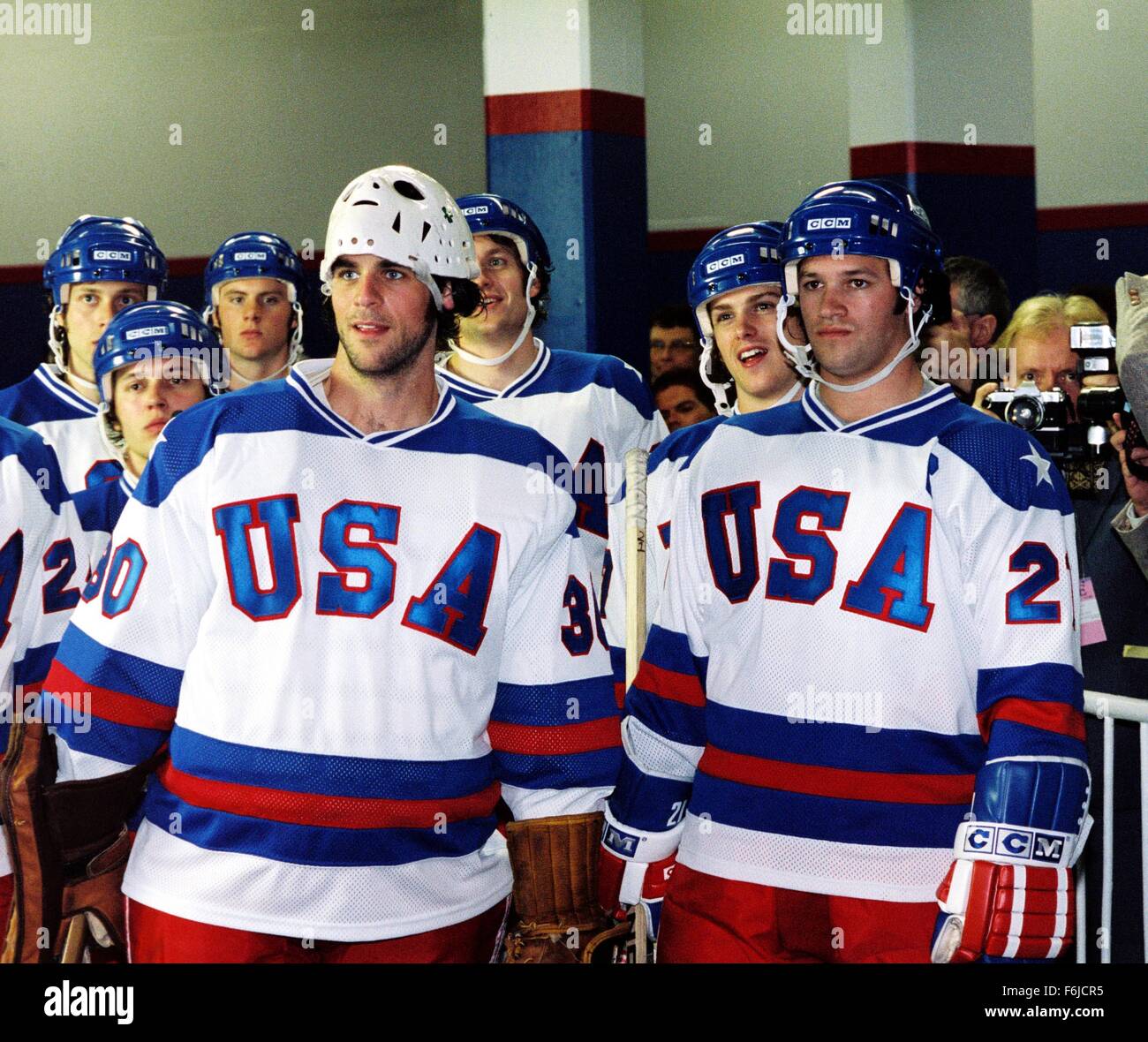 RELEASE DATE: February 6, 2004. MOVIE TITLE: Miracle. STUDIO: Walt Disney Pictures. PLOT: Miracle tells the true story of Herb Brooks (Russell), the player-turned-coach who led the 1980 U.S. Olympic hockey team to victory over the seemingly invincible Russian squad. PICTURED: EDDIE CAHILL as Jim Craig and PATRICK O'BRIEN DEMPSEY as Mike Eruzione. Stock Photo