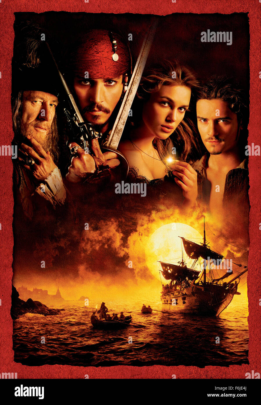 Jun 28, 2003; Los Angeles, CA, USA; (L-R): Actor GEOFFREY RUSH stars as Barbossa, JOHNNY DEPP stars as Jack Sparrow, KEIRA KNIGHTLEY as Elizabeth Swann and ORLANDO BLOOM as Will Turner in the Walt Disney Pictures fantasy/adventure move, 'Pirates of the Caribbean.' Stock Photo