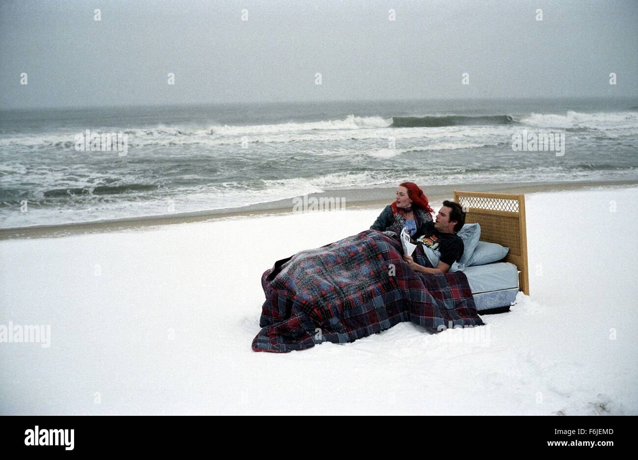 RELEASE DATE: March 19, 2004. MOVIE TITLE: Eternal Sunshine of the Spotless Mind. STUDIO: Focus Features. PLOT: A man, Joel Barish, heartbroken that his girlfriend Clementine underwent a procedure to erase him from her memory, decides to do the same. However, as he watches his memories of her fade away, he realizes that he still loves her, and may be too late to correct his mistake. PICTURED: KATE WINSLET as Clementine Kruczynski and JIM CARREY as Joel Barish. Stock Photo