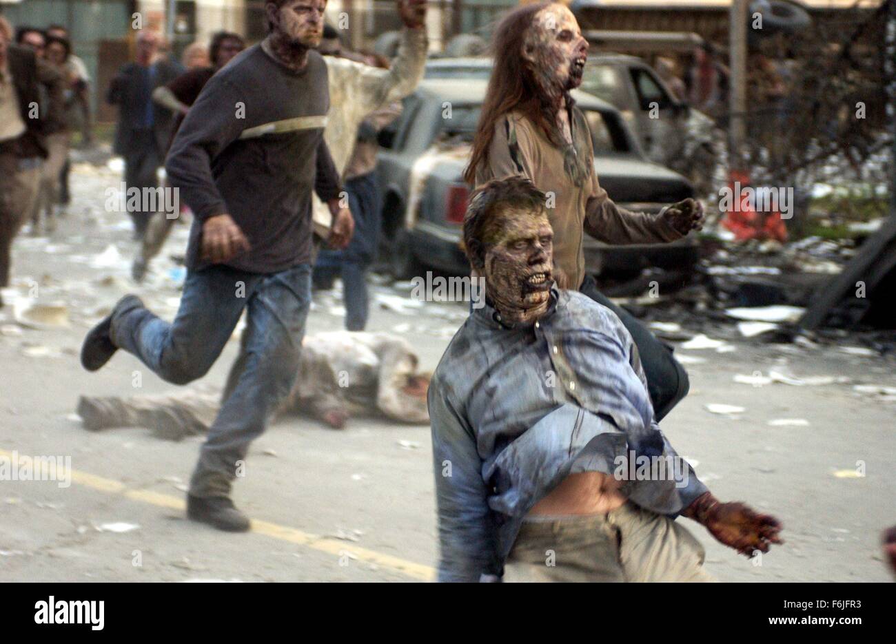 RELEASE DATE: March 19, 2004. MOVIE TITLE: Dawn of the Dead. STUDIO: Strike Entertainment. PLOT: A nurse, a policeman, a young married couple, a salesman, and other survivors of a worldwide plague that is producing aggressive, flesh-eating zombies, take refuge in a mega Midwestern shopping mall. PICTURED: . Stock Photo