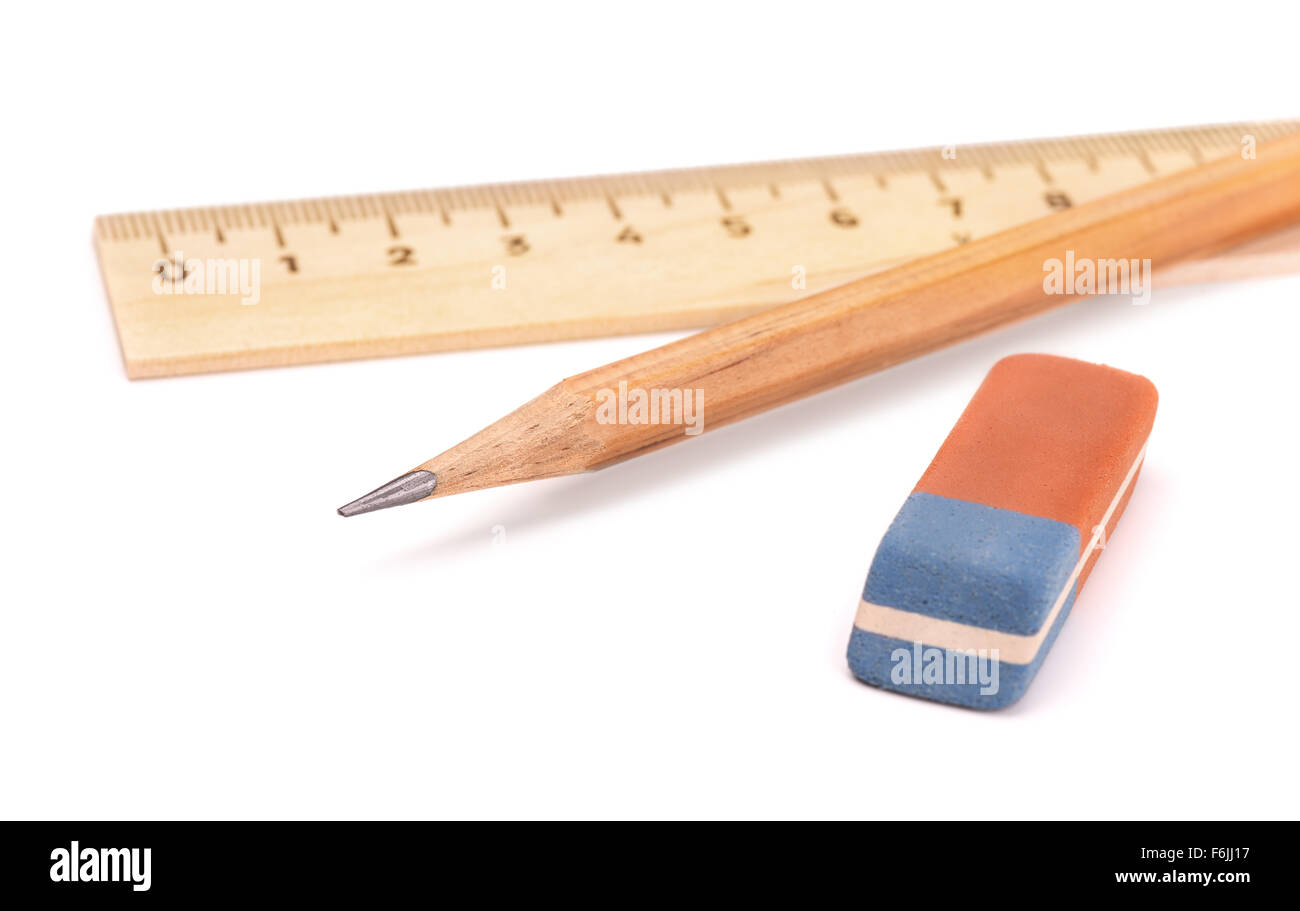 Pencil, ruler and eraser on white background Stock Photo