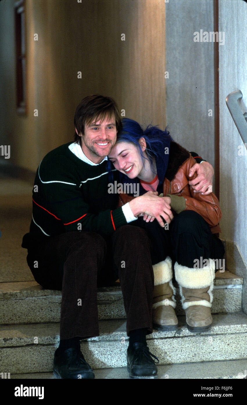 RELEASE DATE: March 19, 2004. MOVIE TITLE: Eternal Sunshine of the Spotless Mind. STUDIO: Focus Features. PLOT: A man, Joel Barish, heartbroken that his girlfriend Clementine underwent a procedure to erase him from her memory, decides to do the same. However, as he watches his memories of her fade away, he realizes that he still loves her, and may be too late to correct his mistake. PICTURED: JIM CARREY as Joel Barish and  KATE WINSLET as Clementine Kruczynski. Stock Photo
