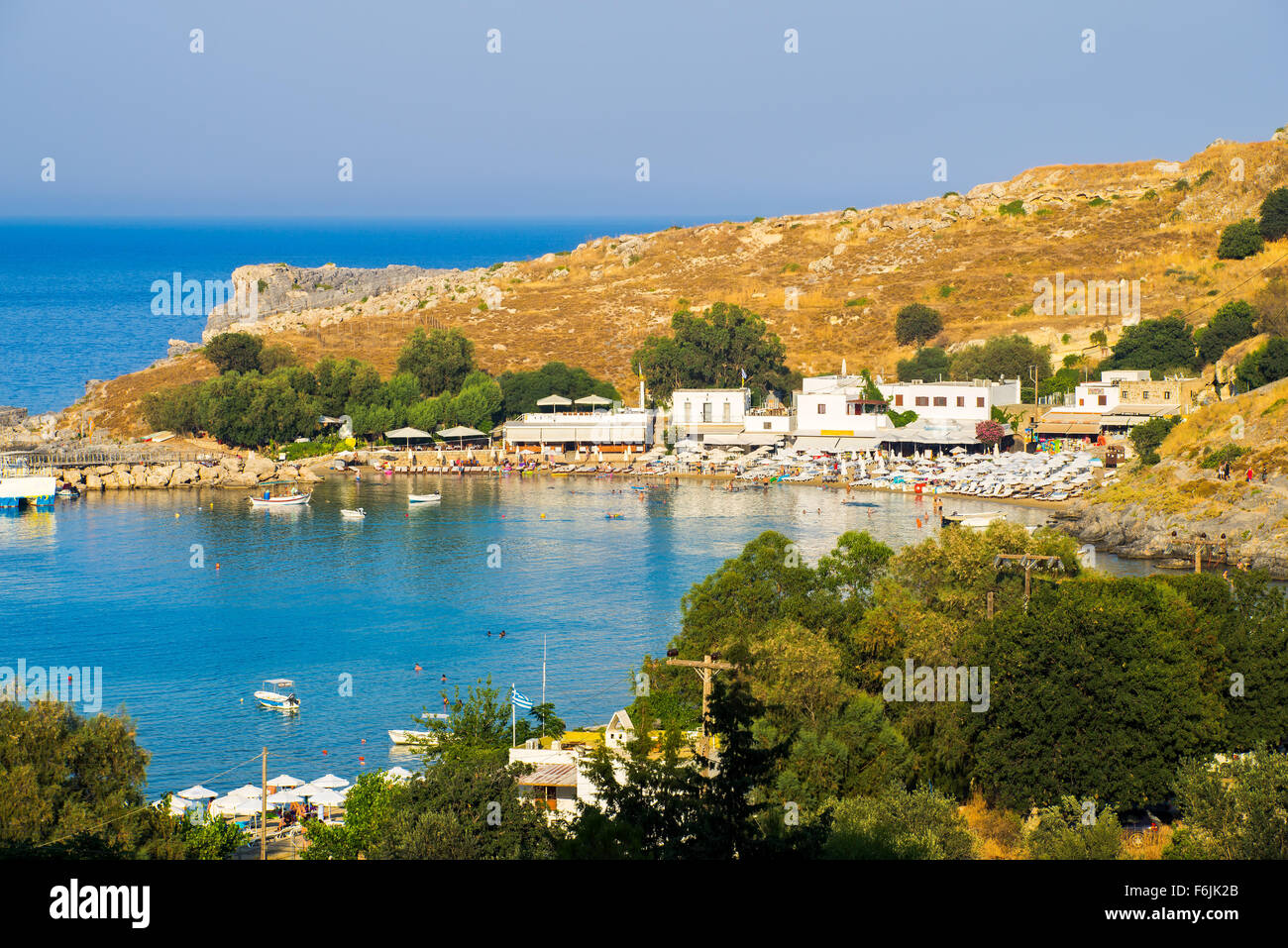 The beautiful beach at Lindos Rhodes Dodecanese Greece Europe Stock Photo