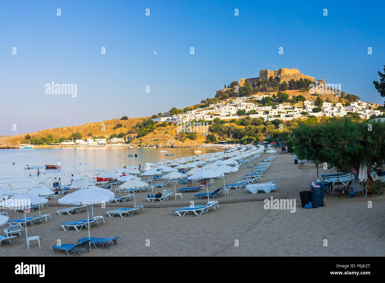 The beautiful beach at Lindos Rhodes Dodecanese Greece Europe Stock Photo