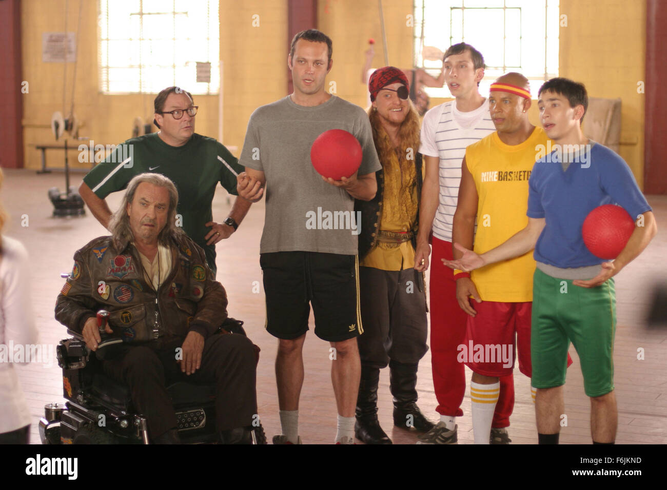 Jul 01, 2004; Hollywood, CA, USA; Directed by Rawson Marshall Thurber, 'Dodgeball: A True Underdog Story' stars RIP TORN as Patches O'Houlihan, STEPHEN ROOT as Gordon, VINCE VAUGHN as Peter La Fleur, ALAN TUDYK as Steve the Pirate, JOEL MOORE as Owen, CHRIS WILLIAMS as Dwight, and JUSTIN LONG as Justin,  battling to save their gym with an intense game of dodgeball. Stock Photo