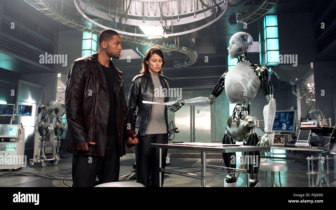 RELEASE DATE: July 16, 2004. MOVIE TITLE: I Robot. STUDIO: 20th Century Fox. PLOT: In the year 2035 a techno-phobic cop investigates a crime that may have been perpetrated by a robot, which leads to a larger threat to humanity. PICTURED: BRIDGET MOYNAHAN as Susan Calvin and WILL SMITH as Detective Del Spooner. Stock Photo