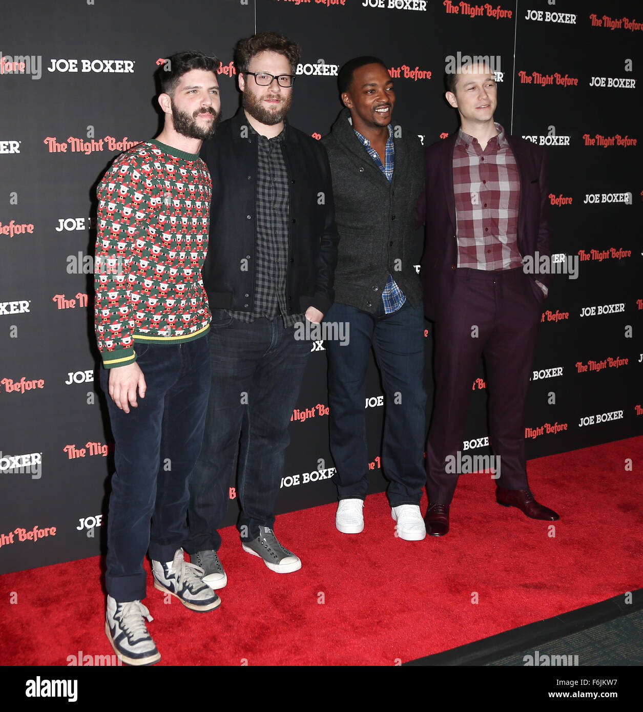 NEW YORK-NOV 16: (L-R) Director Jonathan Levine, actors Seth Rogen, Anthony Mackie and Joseph Gordon-Levitt attend the New York Red Carpet screening of Columbia Pictures' 'The Night Before' at the Landmark Sunshine Theater. Credit:  Debby Wong/Alamy Live News Stock Photo