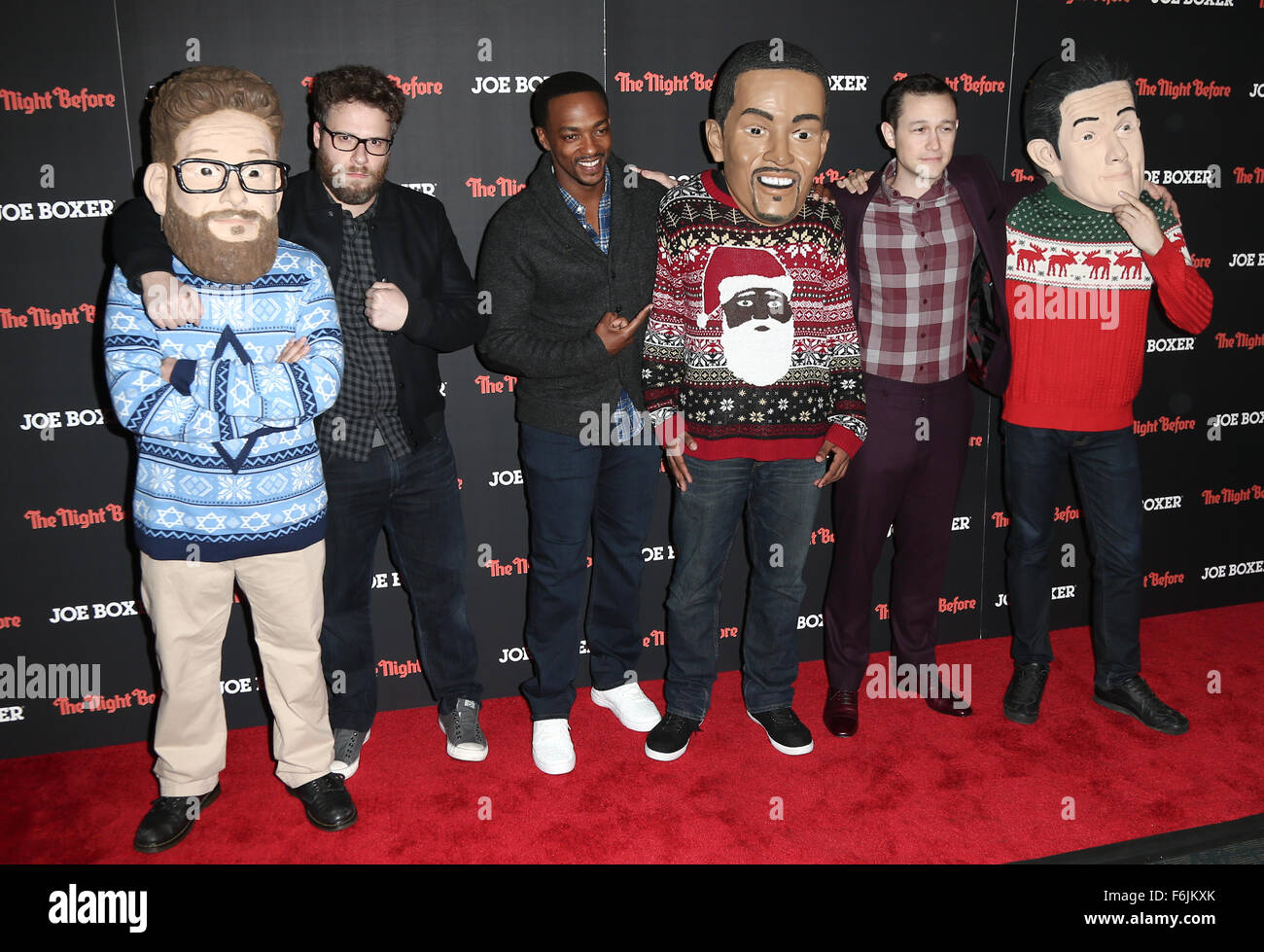New York, USA. 16th Nov, 2015. (L-R) Actors Seth Rogen, Anthony Mackie and Joseph Gordon-Levitt attend the New York Red Carpet screening of Columbia Pictures' 'The Night Before' at the Landmark Sunshine Theater on November 16, 2015 in New York City. Stock Photo