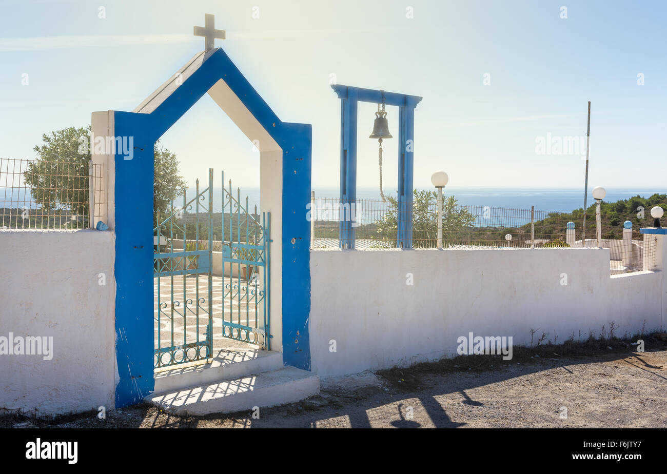 Orthodox chapel gateway in traditional greek blue and white colors Stock Photo