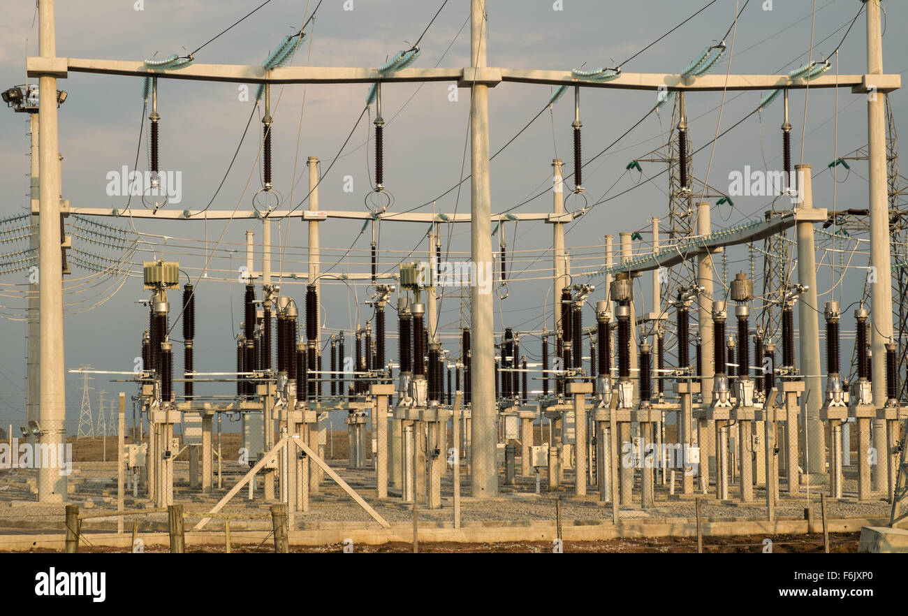 Large transformator station of a power plant Stock Photo